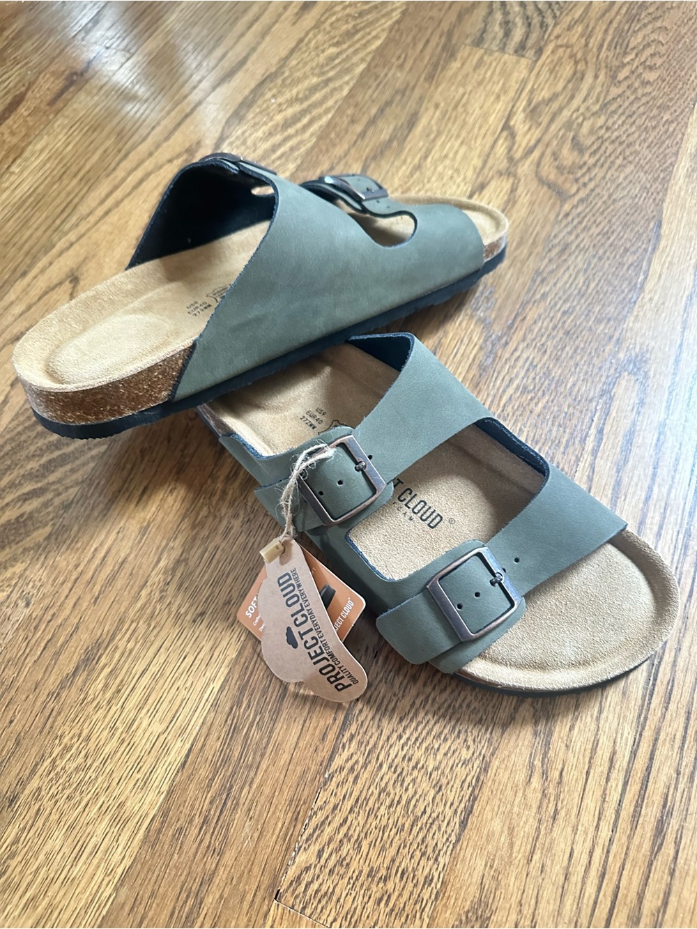 Project Cloud Olive Green Double Buckle Slide Sandals Leather Footbed NWT Size 9